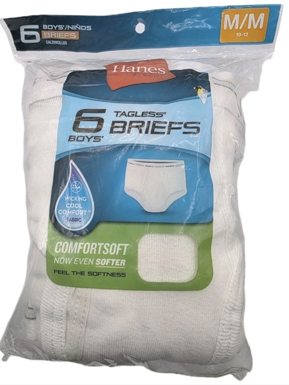 Boys Hanes White Tagless Briefs Size Medium 10-12 White Comfort Waist No Ride Up